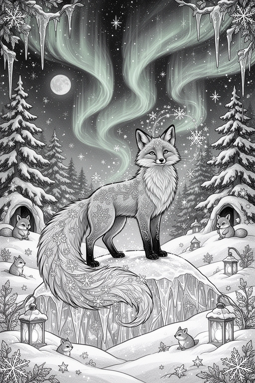 Snow Fox Magic Winter Wonderland coloring page.