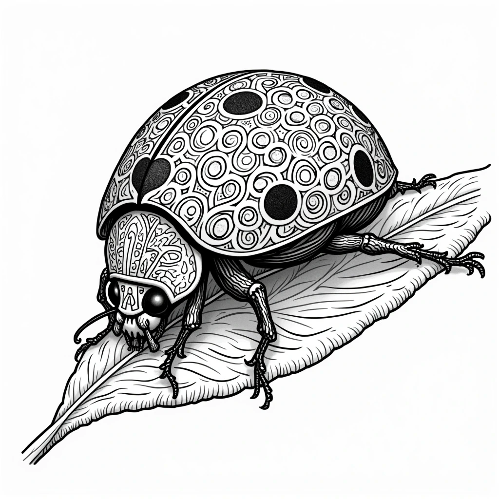 Black and white mandala-style ladybug illustration on a leaf; detailed coloring page, kids' coloring page, printable coloring page and coloring sheets featuring animal mandala design.