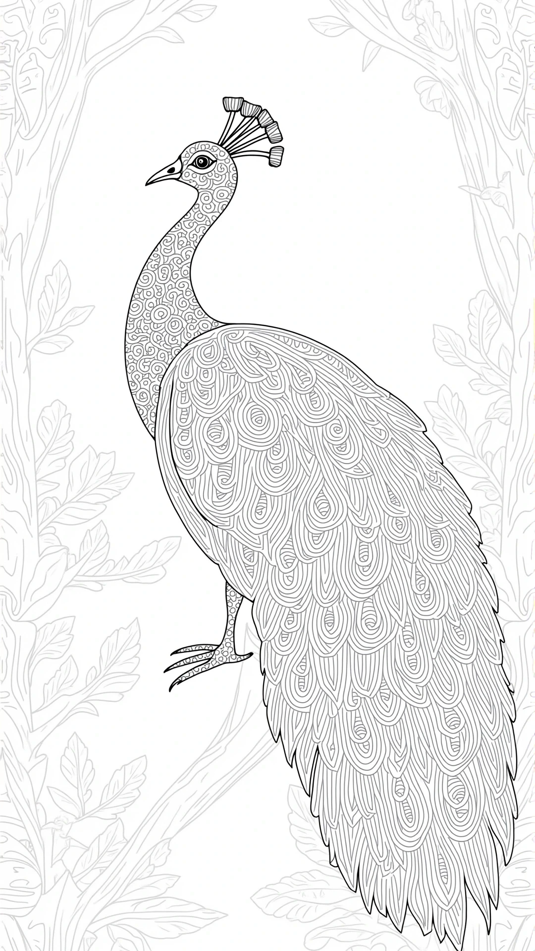 Intricate peacock line art with mandala-style feathers perched on a branch high res animal coloring page design. printable coloring page artwork suited for detailed coloring page, kids' coloring page.