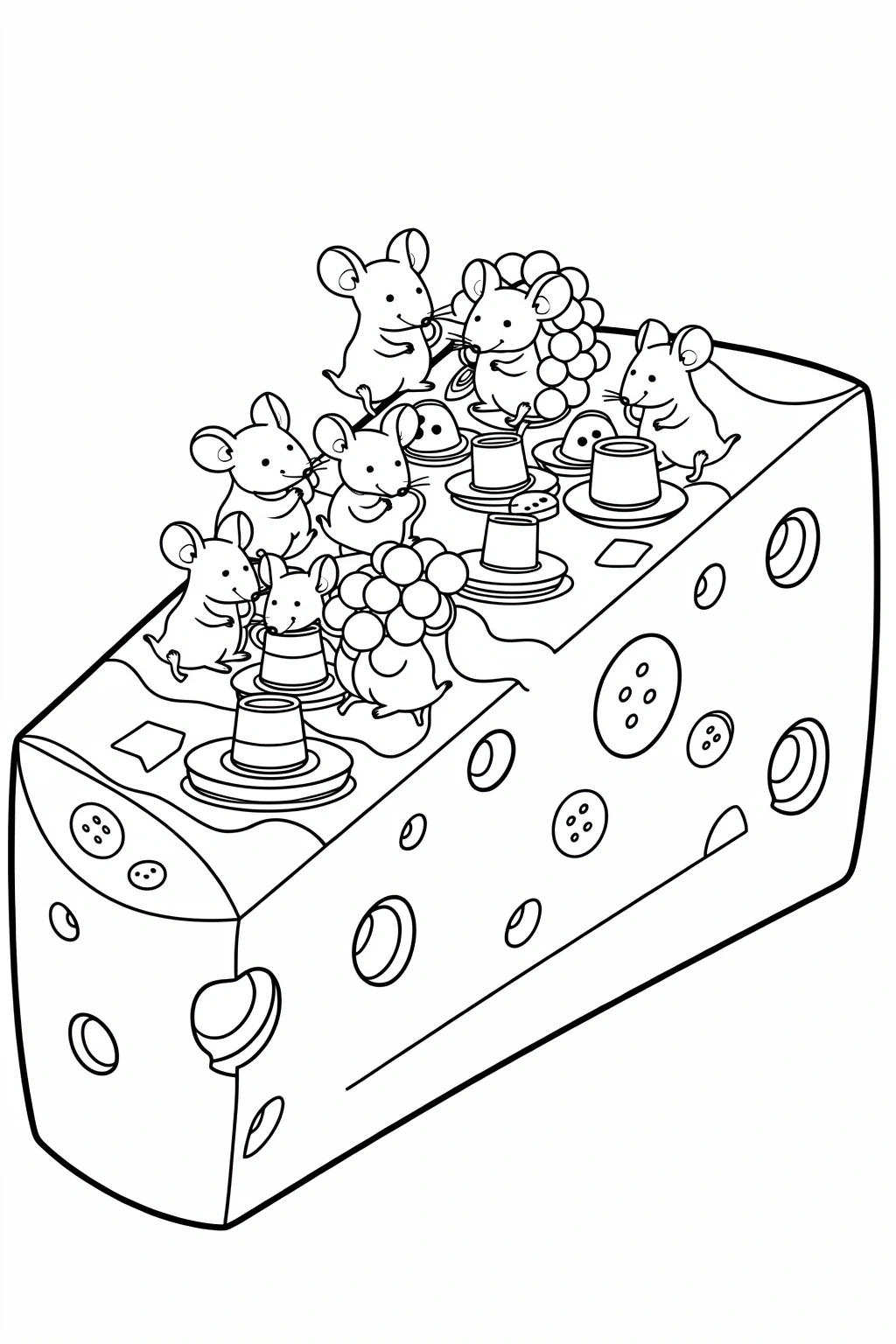 Black-and-white line art of a mice tea party on a wedge of cheese detailed coloring page perfect for kids' coloring page and a printable coloring page. Cute animal scene coloring sheets for a