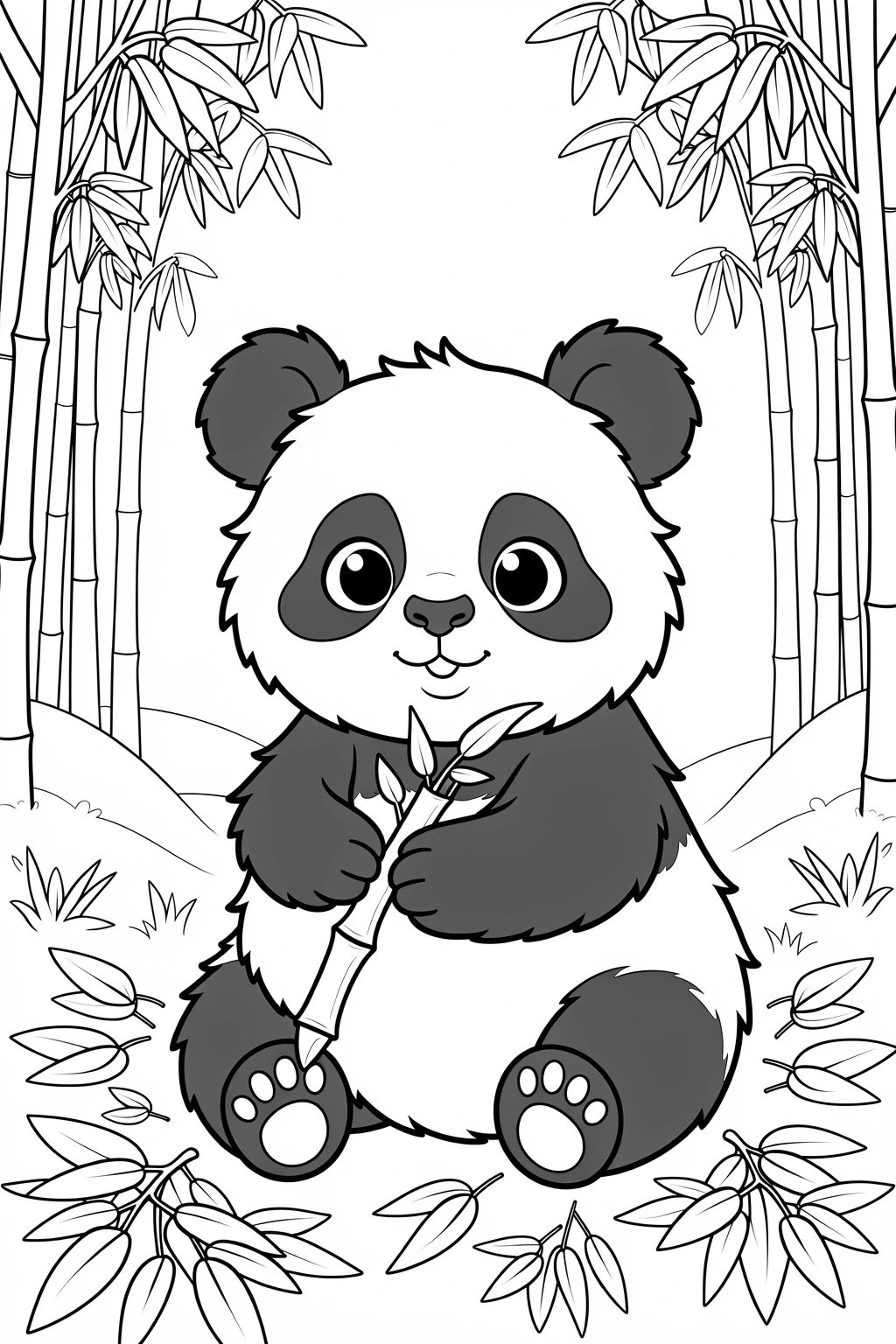 Black-and-white panda holding bamboo in a bamboo forest a cute animal coloring sheet suitable for kids' coloring page, detailed coloring page and a printable coloring page of coloring sheets.