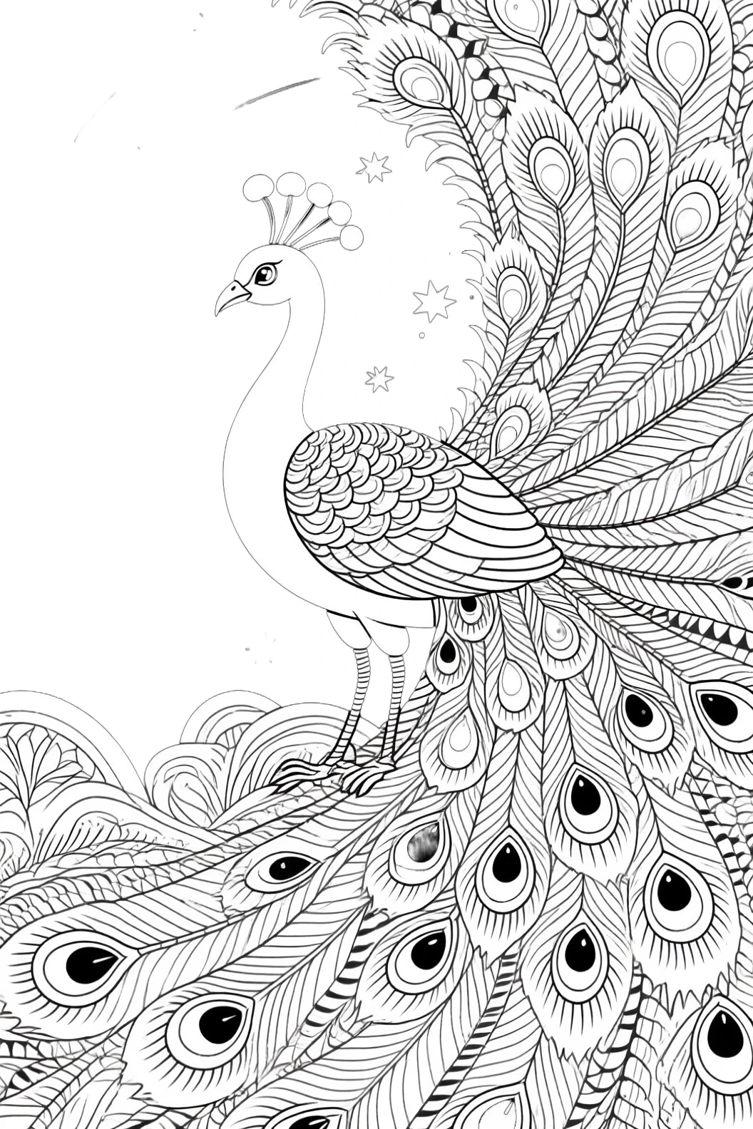 Intricate peacock coloring page with flowing tail feathers detailed coloring page, kids' coloring page, printable coloring page and coloring sheets in mandala style.