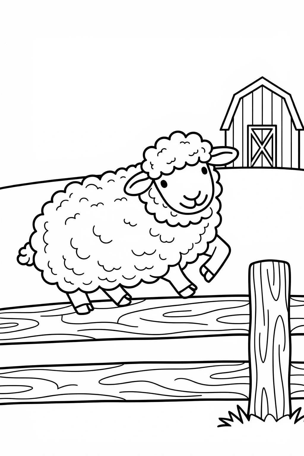 Black-and-white sheep on a farm near a barn printable coloring sheet for kids featuring detailed coloring page, kids' coloring page, printable coloring page and coloring sheets.