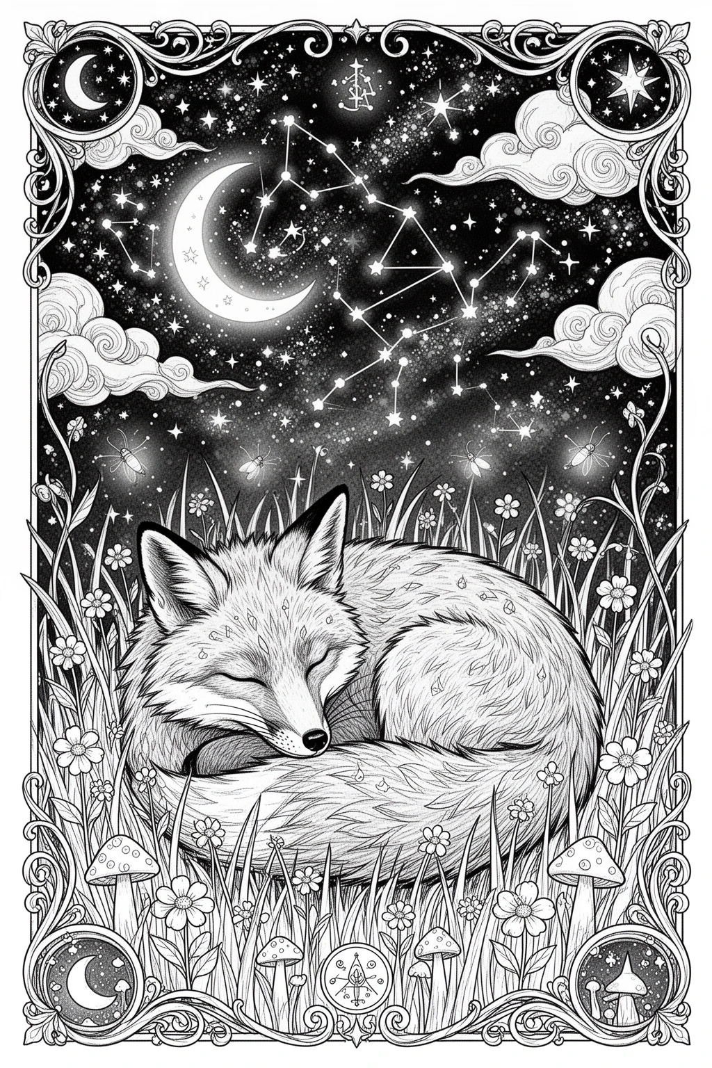 Starry Fox Dreams coloring page.