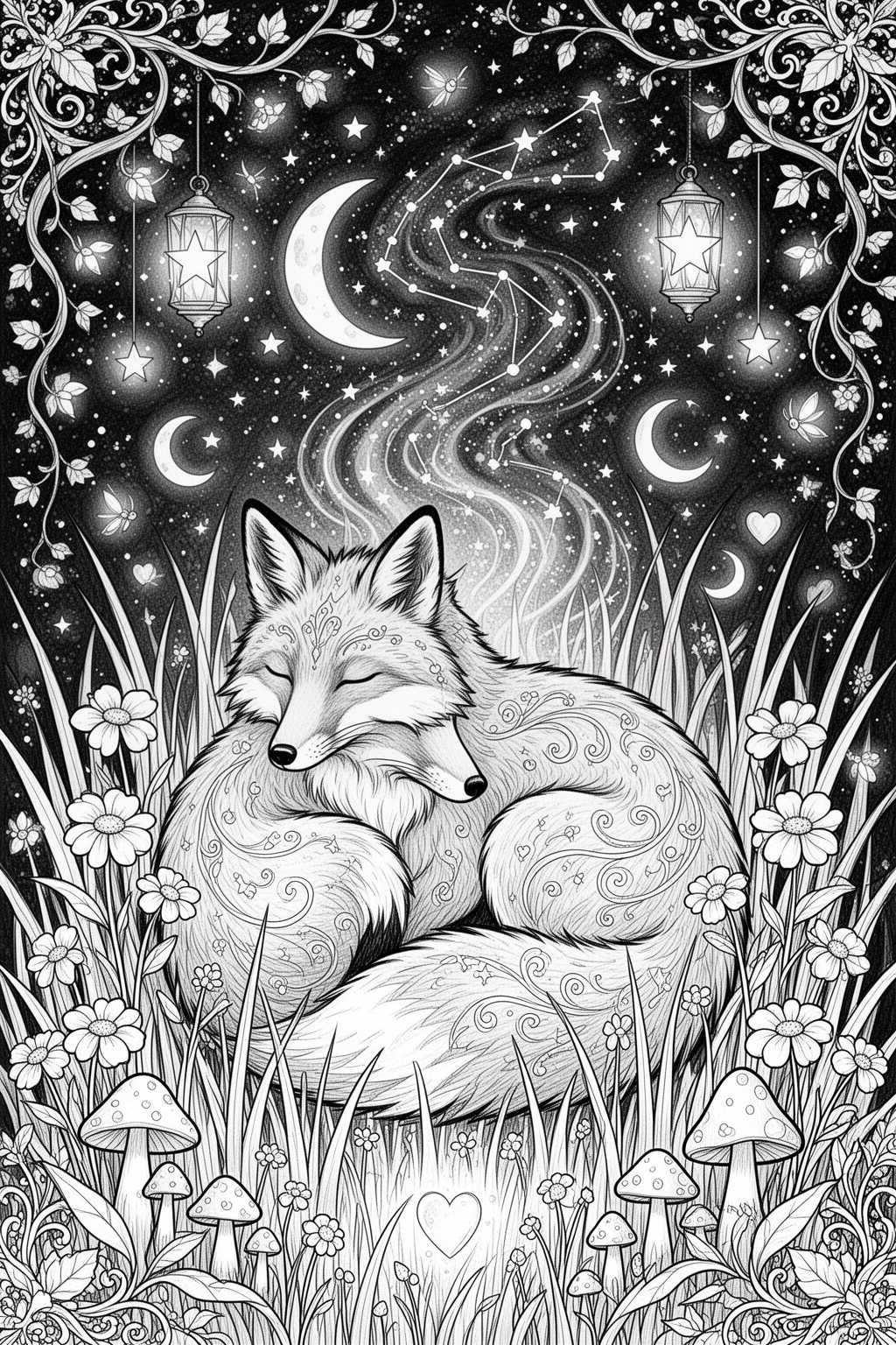 DREAMY FOX Sleeping in Stars coloring page.