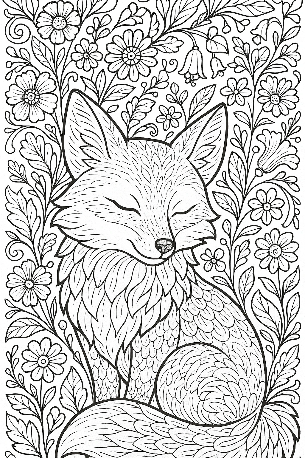 Black and white detailed fox coloring page surrounded by flowers a printable coloring page style image ideal for detailed coloring page, kids' coloring page, printable coloring page and coloring