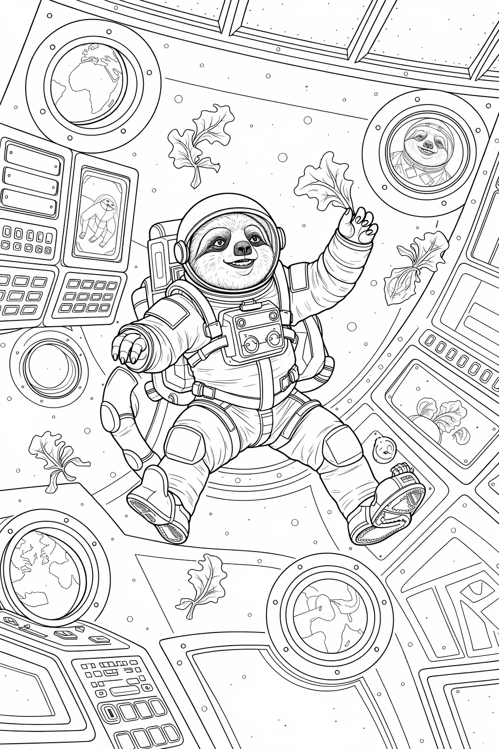 Cute sloth astronaut floating inside a spaceship among lettuce leaves detailed coloring page for kids and adults, kids' coloring page, printable coloring page and fun coloring sheets featuring an