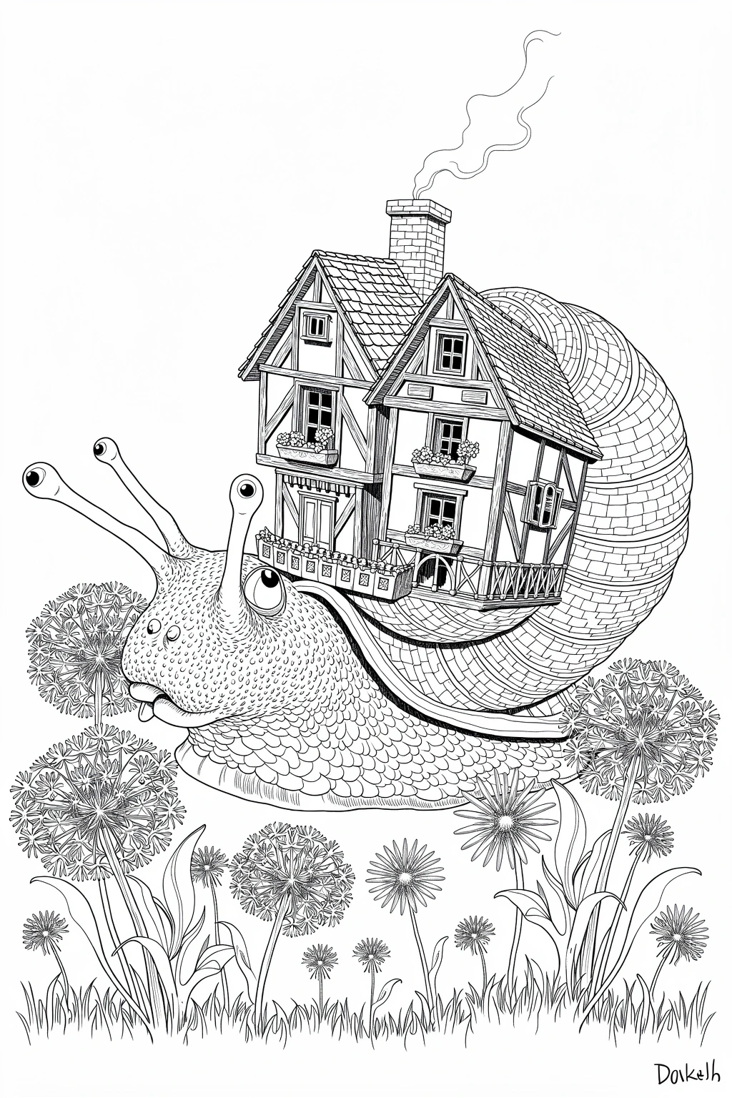 Whimsical snail carrying a cottage on its shell among flowers black-and-white line art for detailed coloring page, kids' coloring page, printable coloring page, and coloring sheets.
