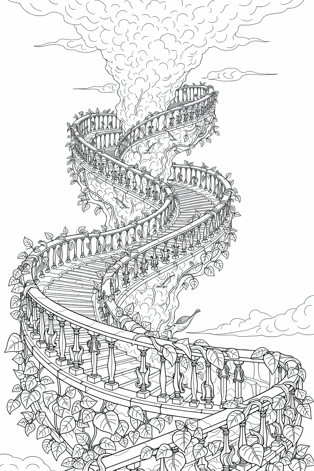 Black-and-white fantasy spiral staircase coloring page with winding balustrades, vines and a small bird. Perfect detailed coloring page, kids' coloring page, printable coloring page and coloring
