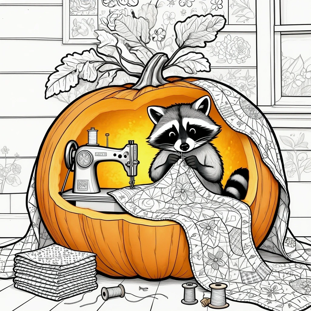 A detailed coloring page style illustration of a cute raccoon sewing inside a bright pumpkin with fabric, thread, and a sewing machine, perfect for kids' coloring page, printable coloring page, and