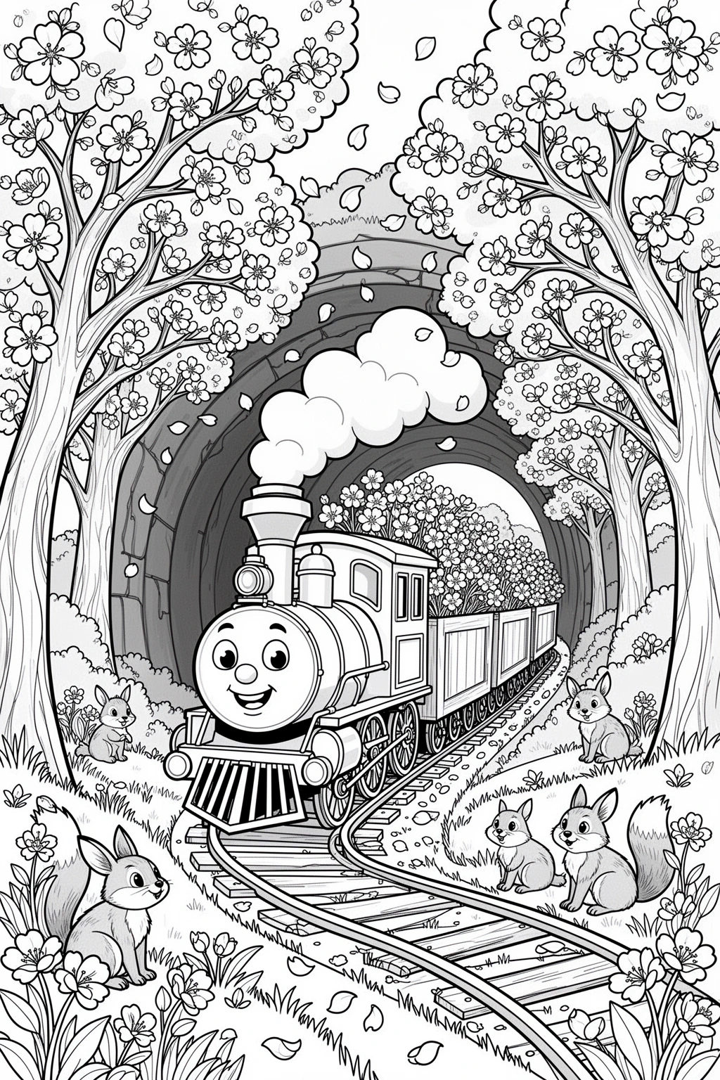Detailed coloring page of a train moving through blooming spring trees with flower cargo and woodland animals nearby.