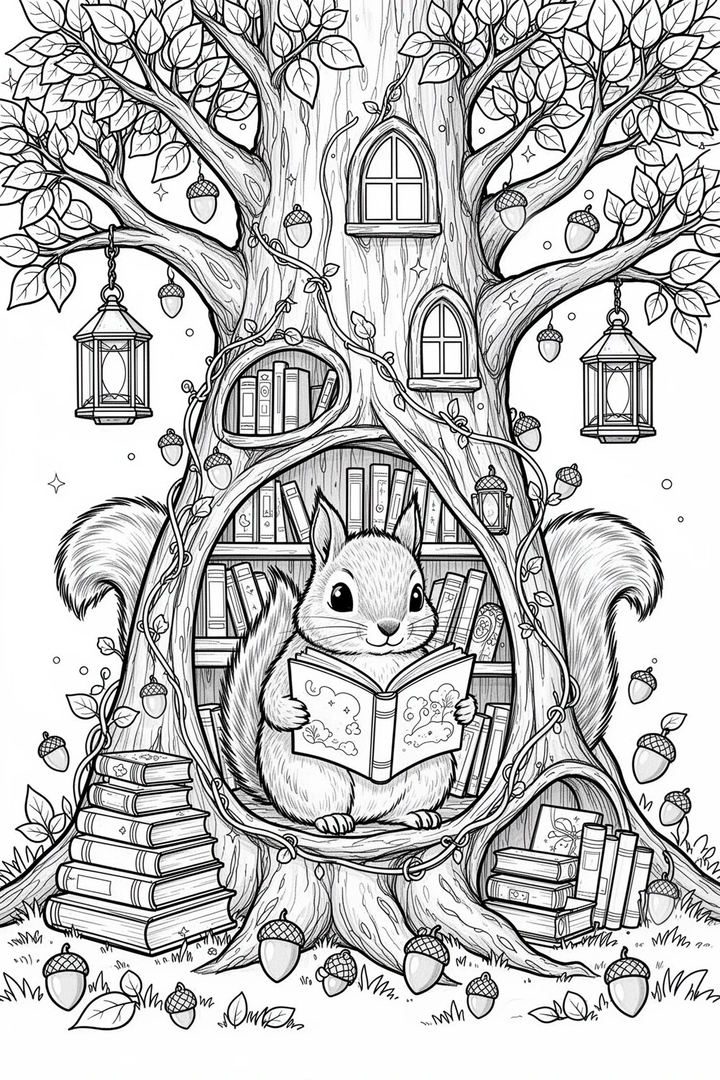 Detailed coloring page of a cozy squirrel reading inside a whimsical tree library filled with books, branches, and woodland details.