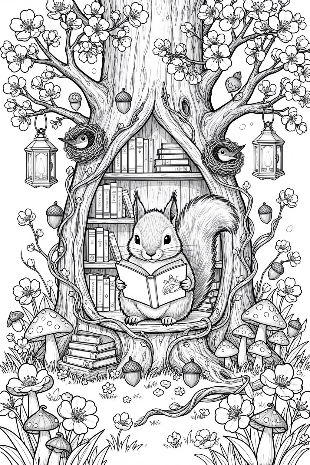 Detailed coloring page of a squirrel reading in a tiny blossom library with books, mushrooms, and woodland details.