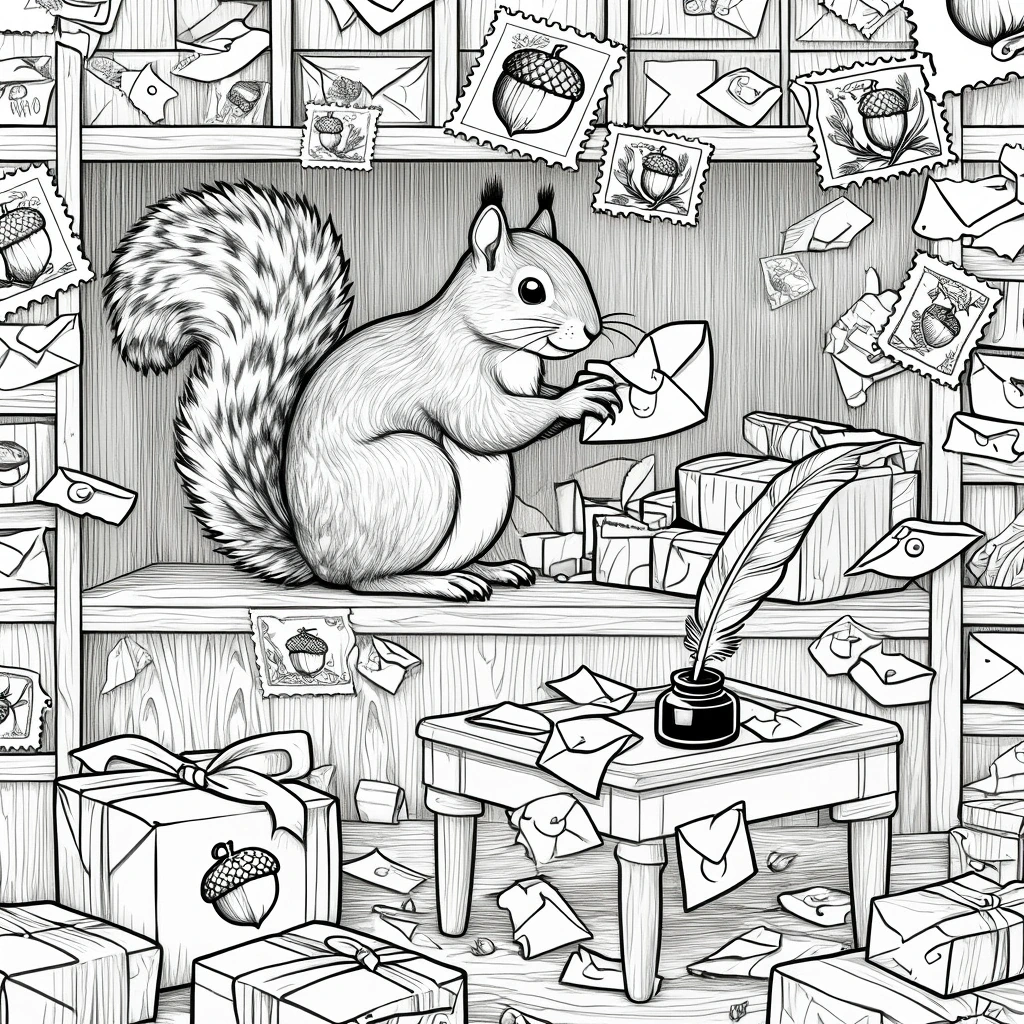 Black and white detailed coloring page illustration of a squirrel sitting in a mail room surrounded by envelopes, stamps, gifts, and a feather pen, perfect for kids' coloring page, printable coloring