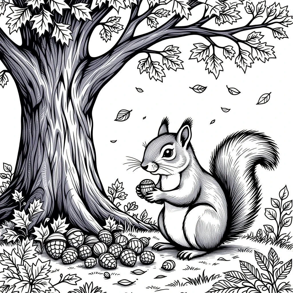 Black-and-white squirrel under a tree with a pile of acorns detailed coloring page, kids' coloring page, printable coloring page and coloring sheets for fall and animal themes.