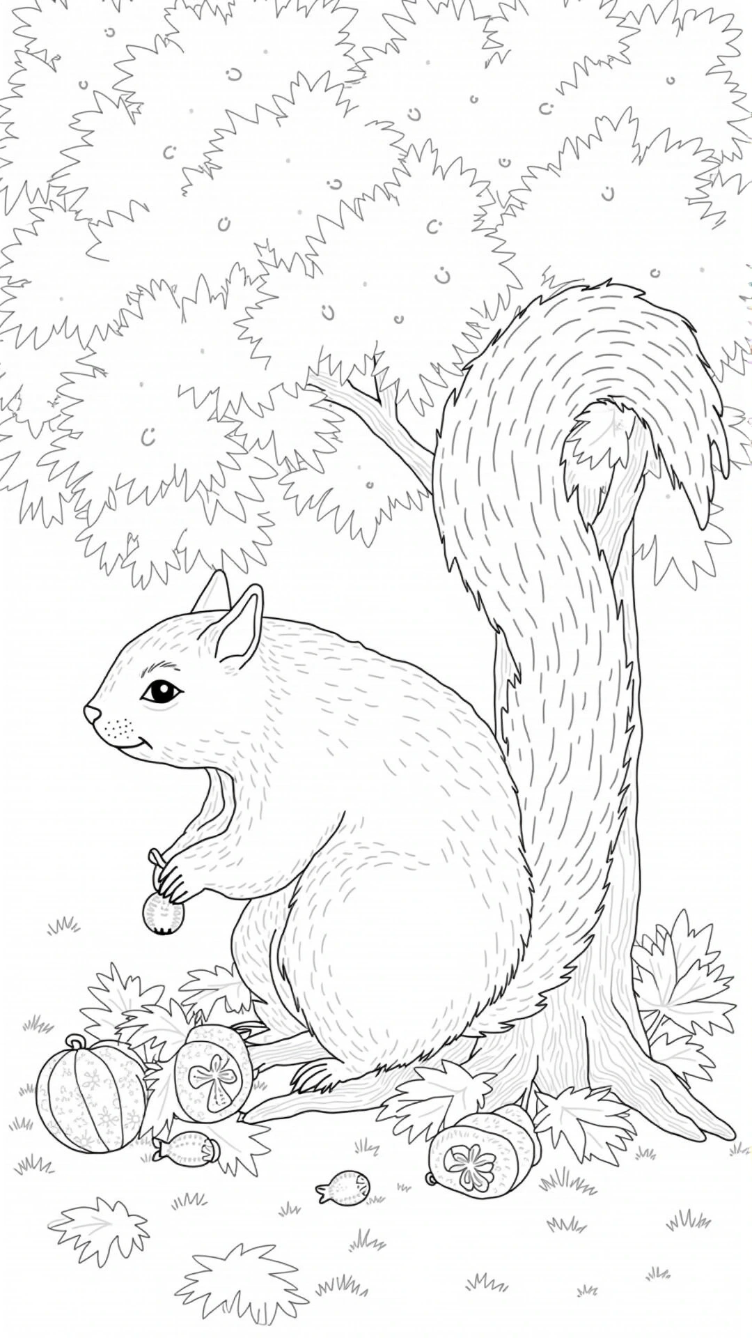 Black-and-white line art of a squirrel sitting by a tree with acorns and pumpkins. A printable coloring page offering detailed coloring page and kids' coloring page ready as and coloring sheets for