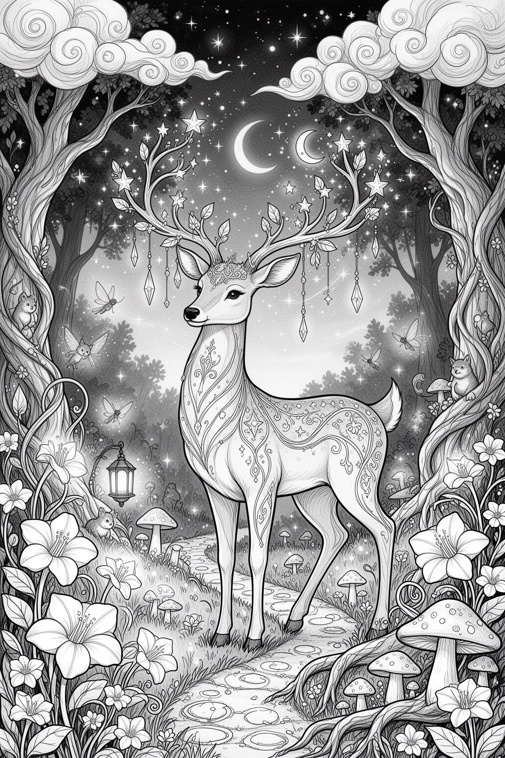 Starlight Deer coloring page in an Enchanted Grove.