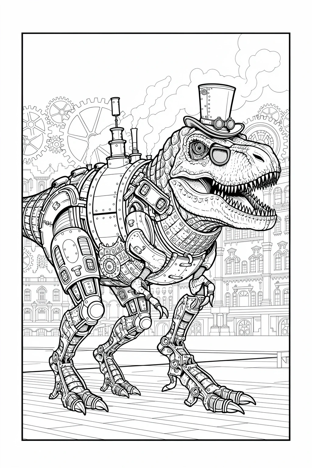 Steampunk mechanical T Rex line art: detailed coloring page and kids' coloring page style, ready as printable coloring page and coloring sheets with gears and Victorian buildings.