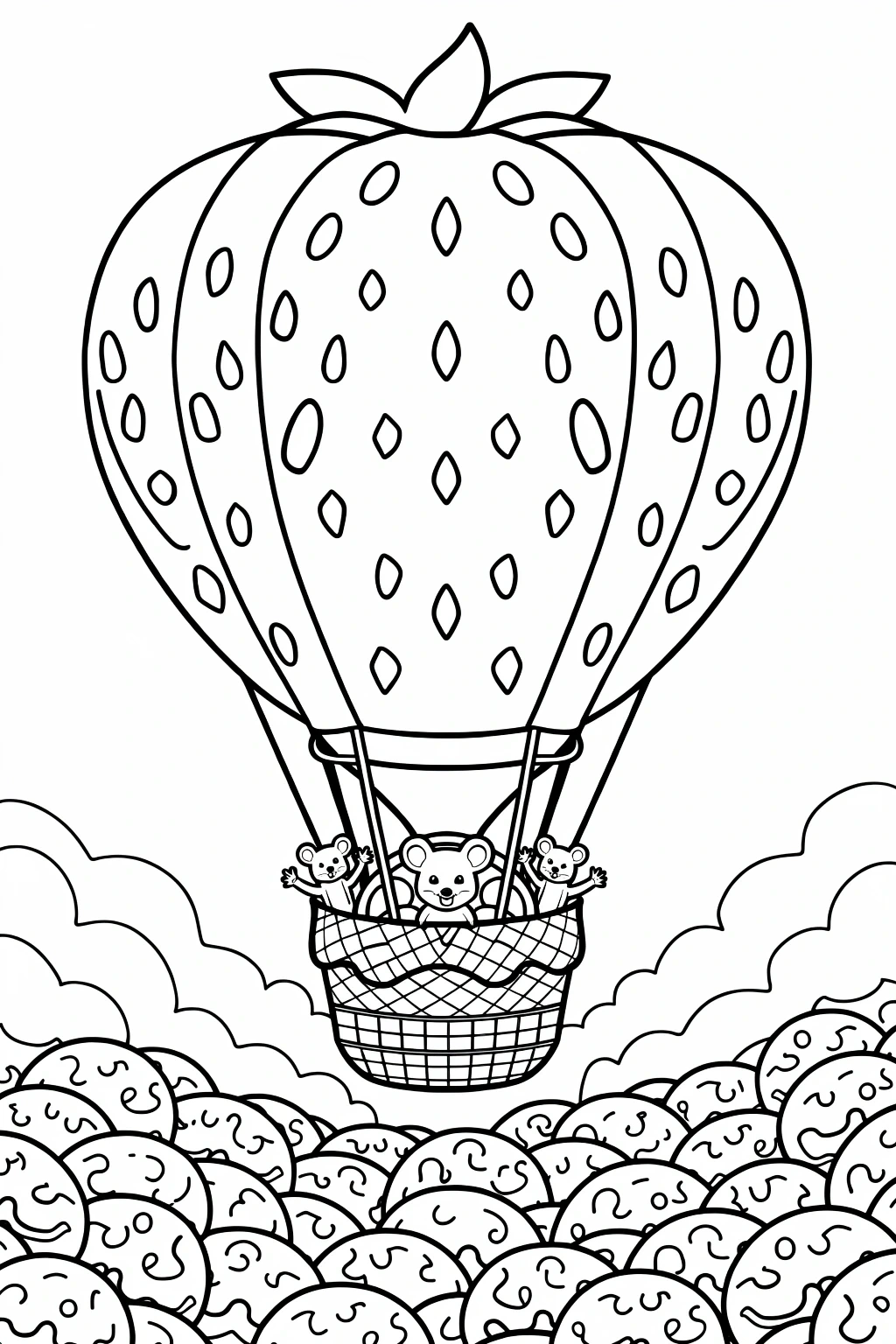 Line art of a strawberry-shaped hot air balloon with three mice in the basket floating above clouds and patterned hills a printable coloring sheet ideal for detailed coloring page, kids' coloring