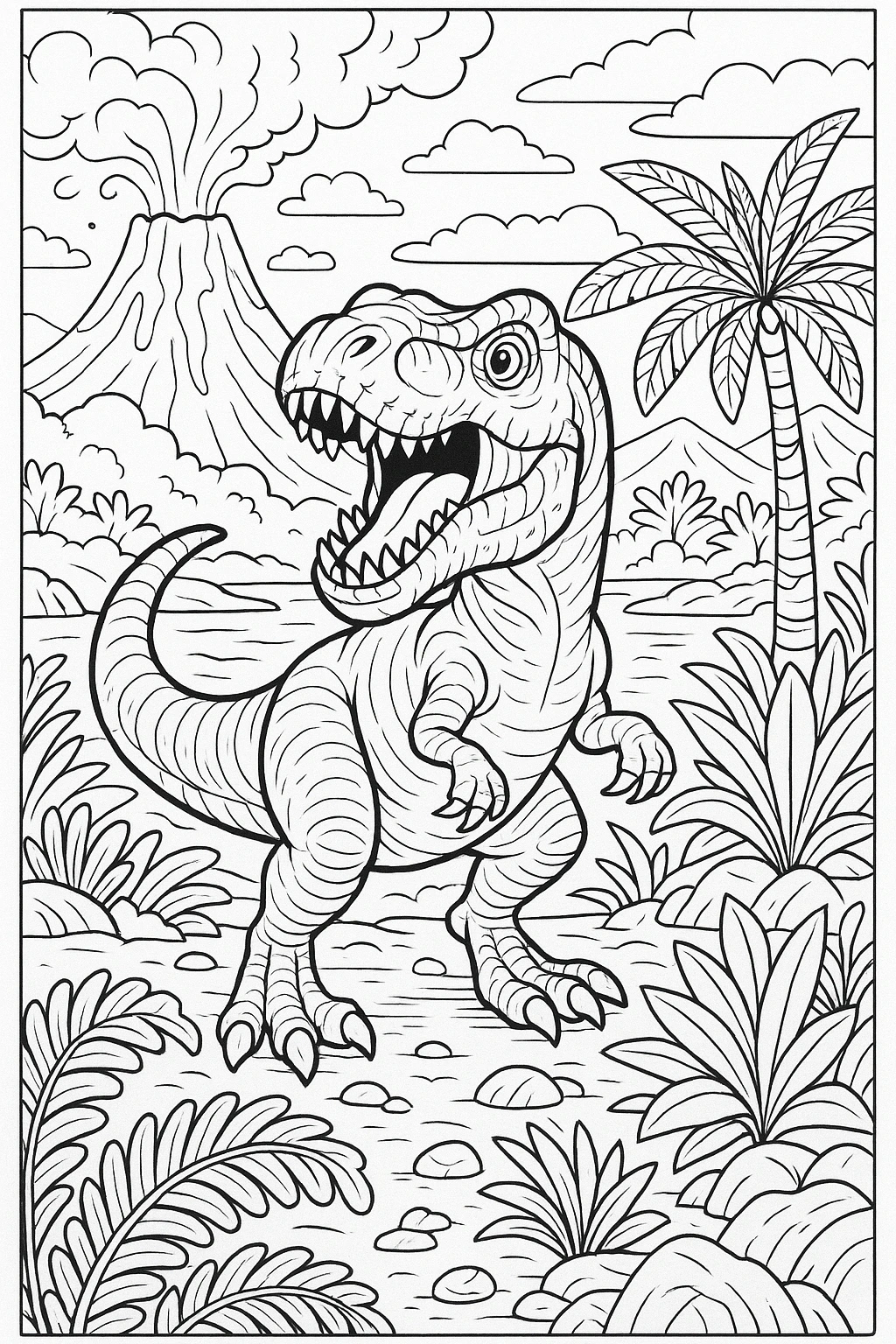 Black-and-white T Rex dinosaur coloring page in a prehistoric scene with volcano, palm trees and plants ideal detailed coloring page, kids' coloring page, printable coloring page and coloring sheets