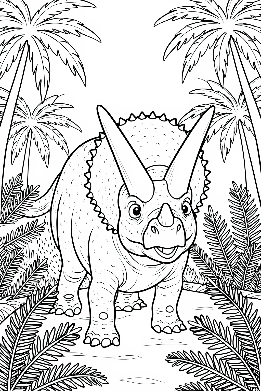 Black-and-white triceratops dinosaur coloring page in a jungle scene, printable coloring sheet for kids and adults, detailed coloring page, kids' coloring page and printable coloring page.
