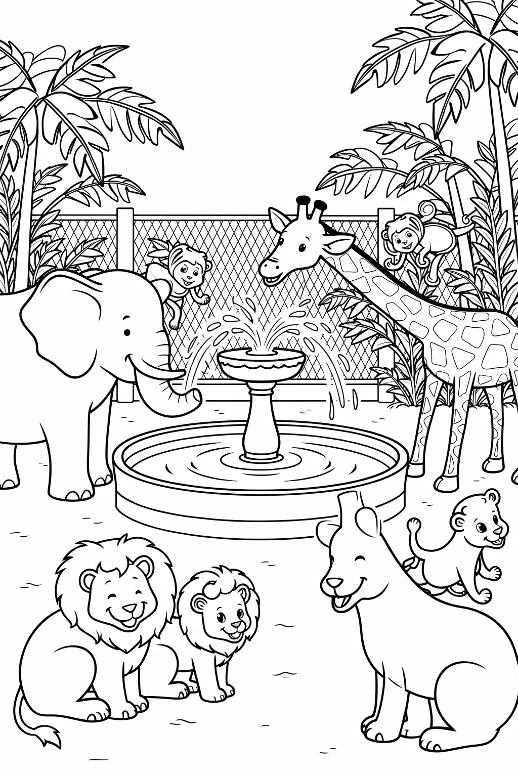 Black-and-white zoo animals coloring page showing an elephant, giraffe, lions, kangaroo and monkeys around a fountain detailed coloring page, kids' coloring page, printable coloring page and coloring
