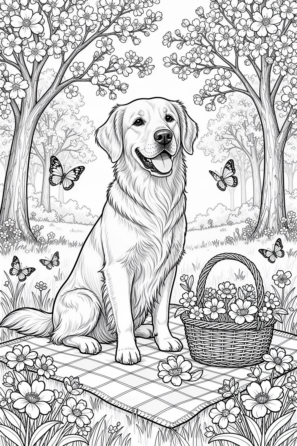 Free retriever spring picnic coloring page.