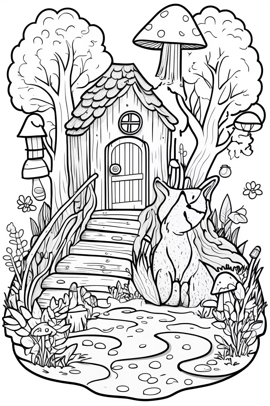 Free Whimsical Fox Cottage Coloring Page printable black and white coloring sheet.