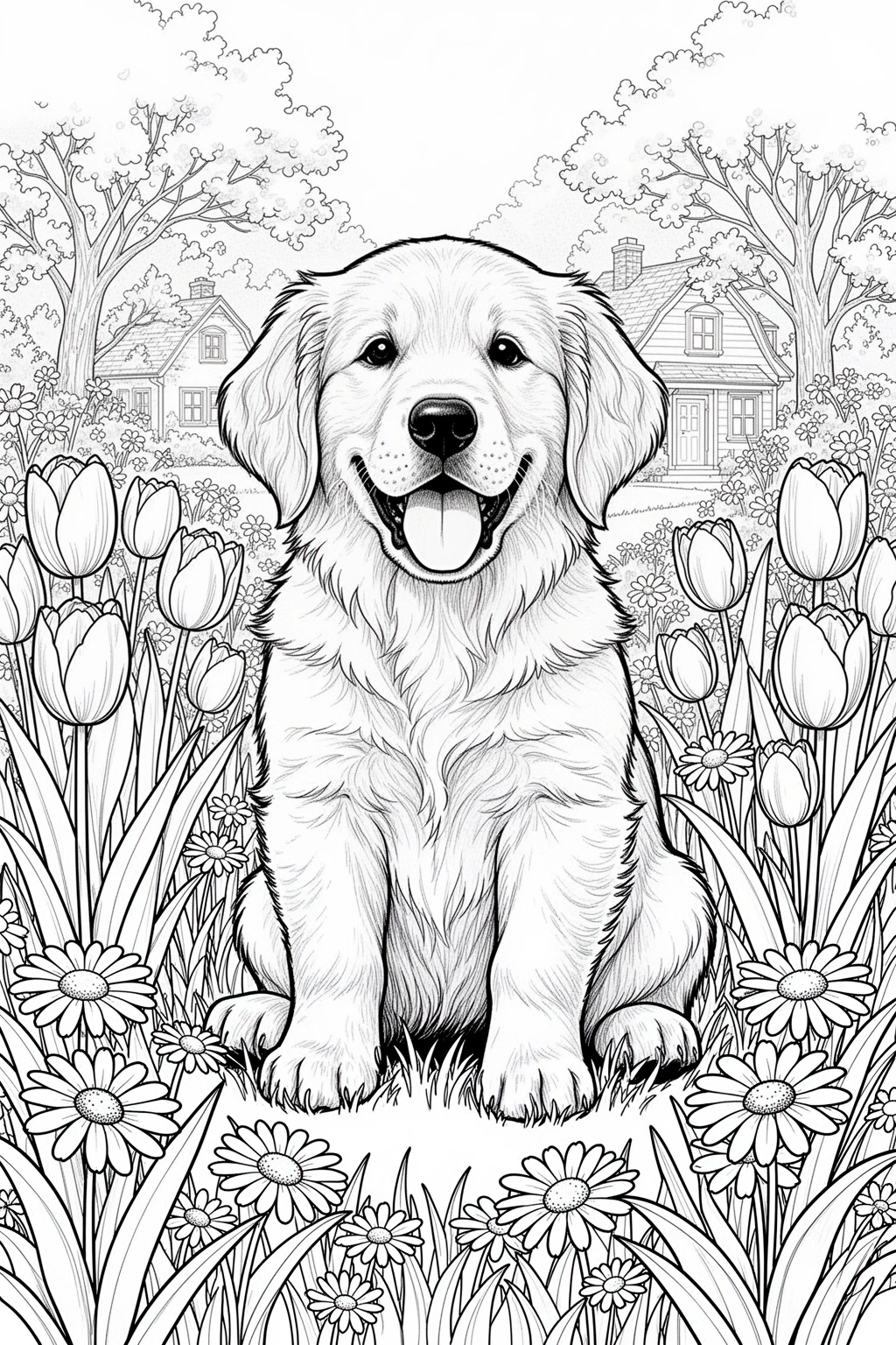 Black and white coloring page of golden Retriever puppy sitting among blooming spring cottage flowers