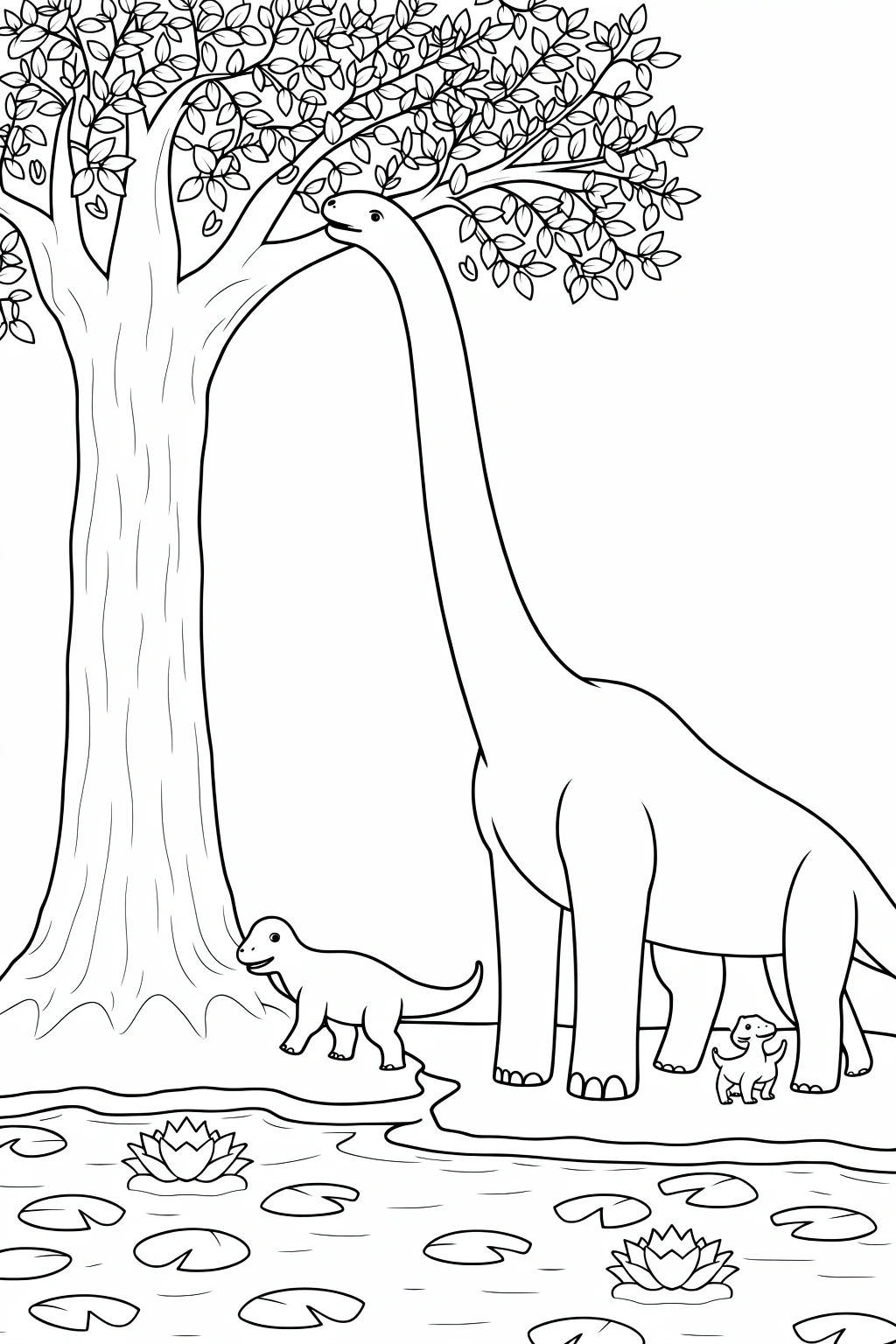 Black and white coloring page of long-neck dinosaur standing beside a tree with a baby dinosaur and a small dog near a pond with lily pads and flowers