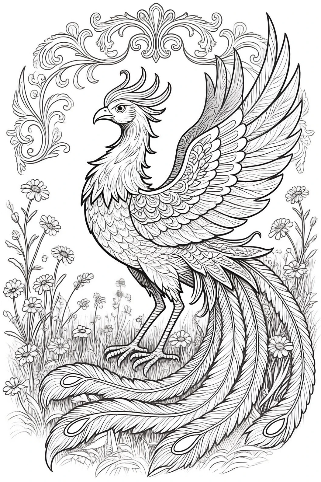 Black-and-white coloring page of a phoenix-like bird with mandala-style feathers in a spring meadow; part of animal coloring page and detailed coloring page for adult coloring page and kids' coloring