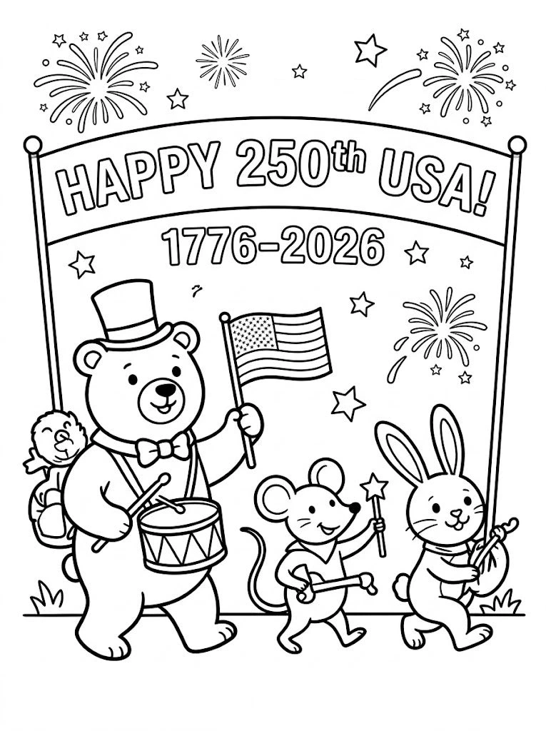Black and white patriotic coloring page showing a bear in a top hat holding a U.S. flag, a mouse with a drum, and a rabbit with sparklers under a banner that says Happy 250th USA 1776-2026 with