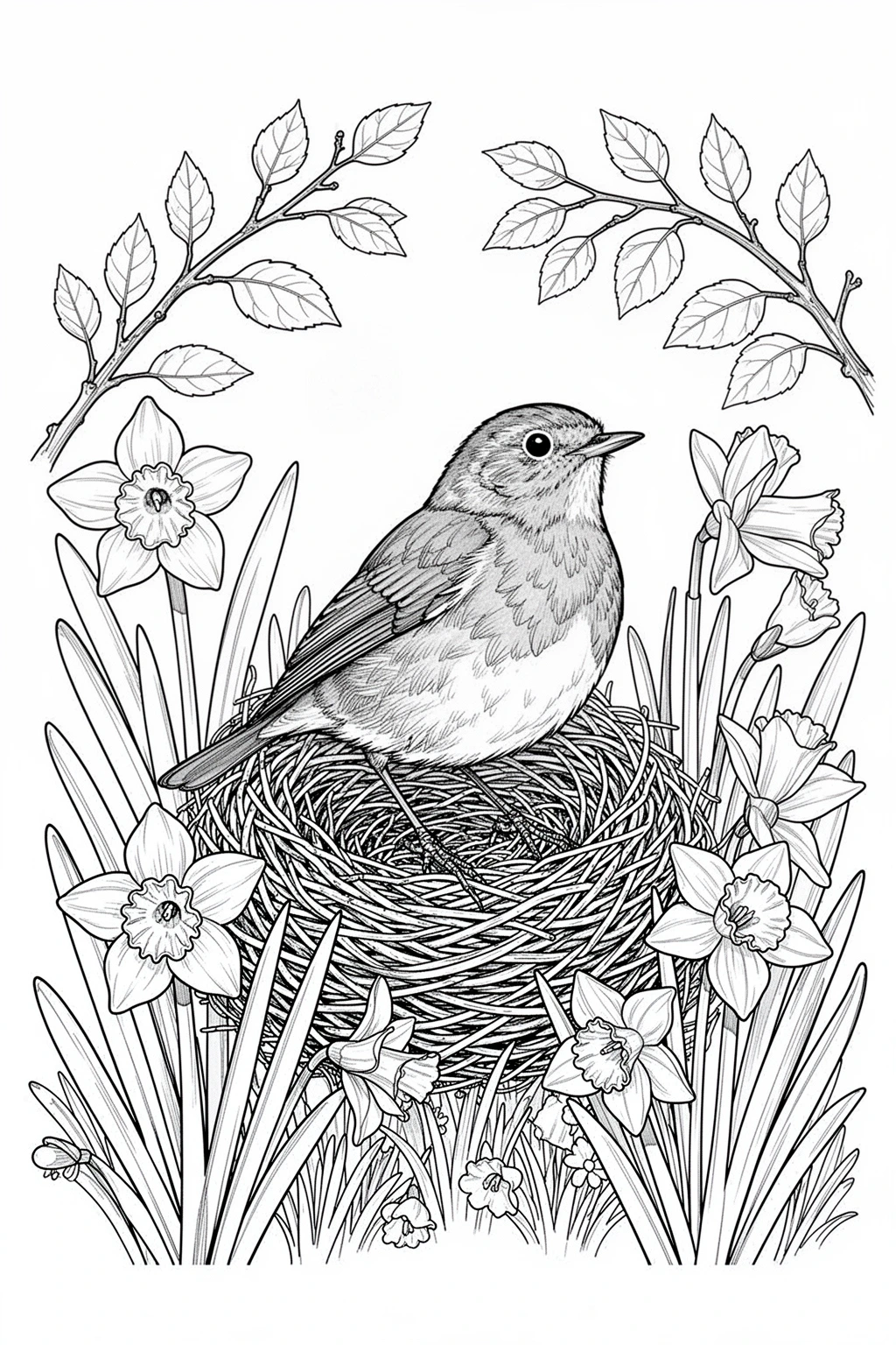 Black and white coloring page of featuring a robin nest with daffodils in a spring garden