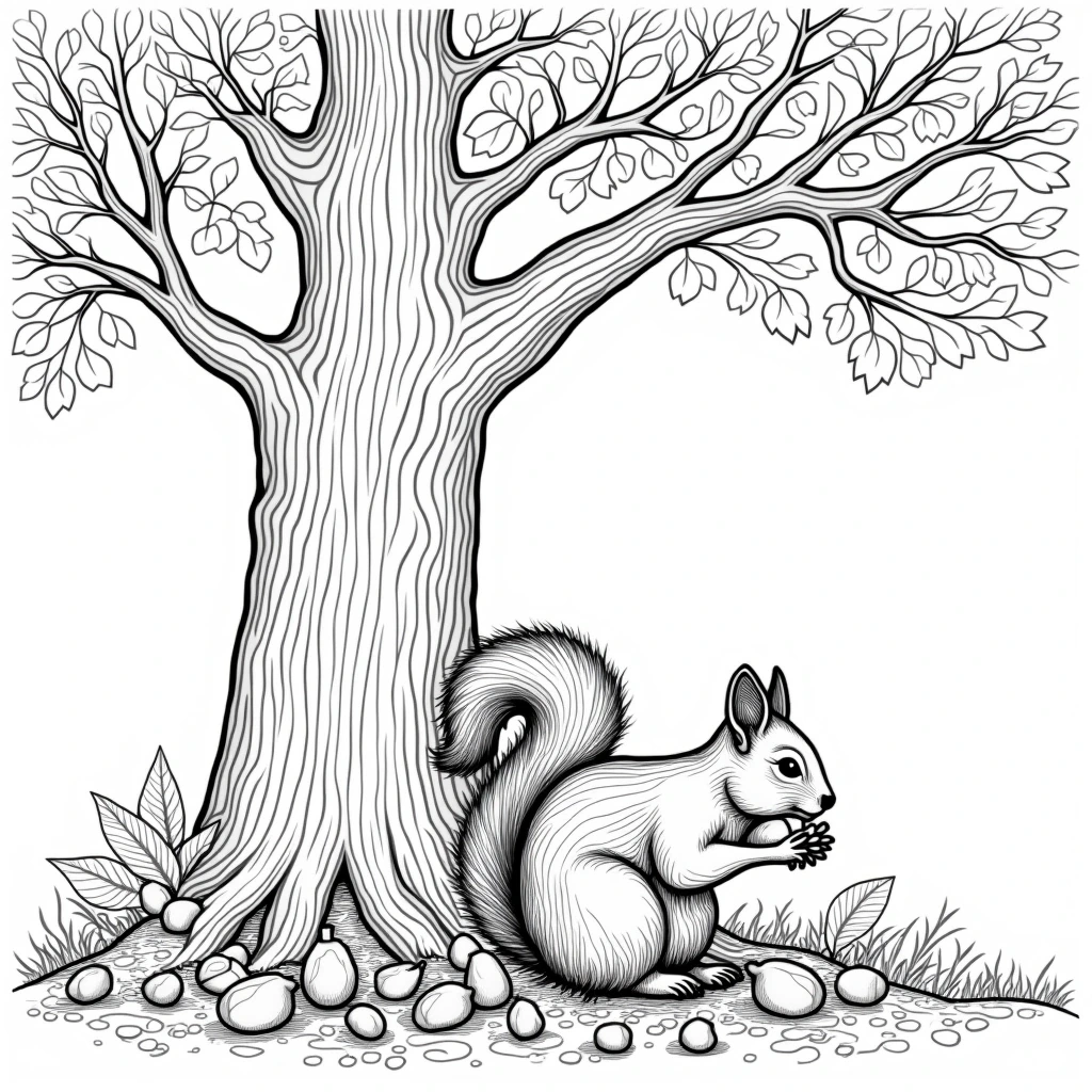 Black and white coloring page of squirrel sitting under a large tree and holding nuts, with leaves and acorns around the base