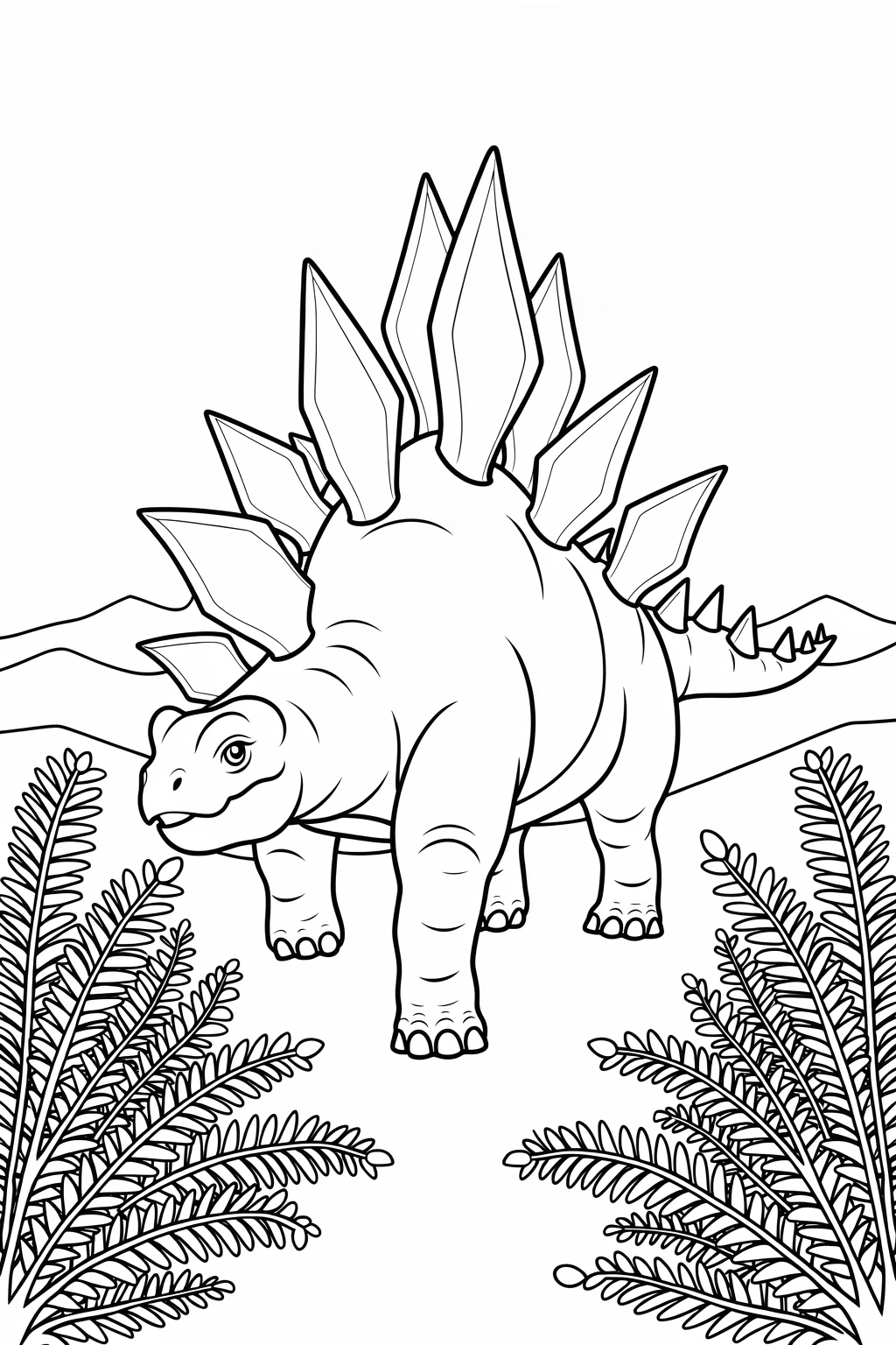 A stegosaurus standing in a prehistoric landscape with ferns and mountains, outlined as a coloring page.