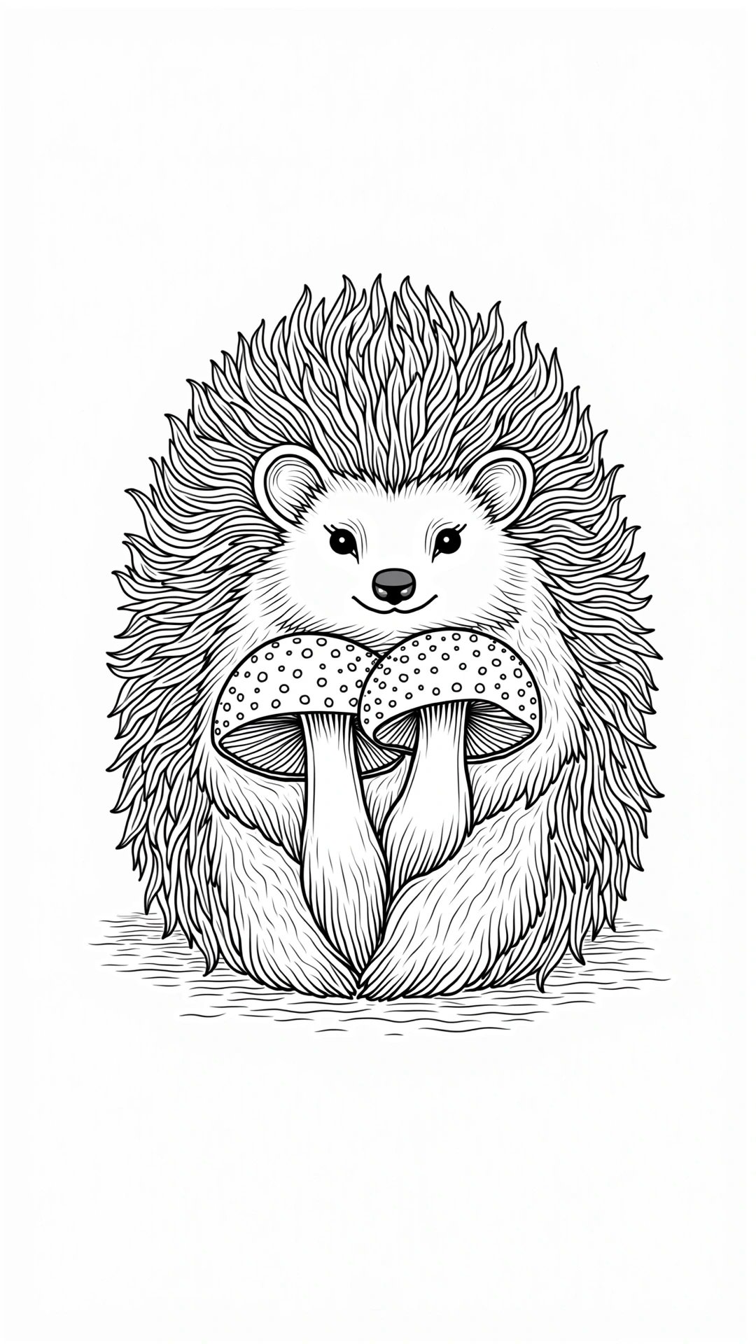 Black-and-white woodland animal coloring page featuring a cute hedgehog holding two spotted mushrooms. Ideal for kids' coloring page and relaxing adult detailed coloring page; great for a printable