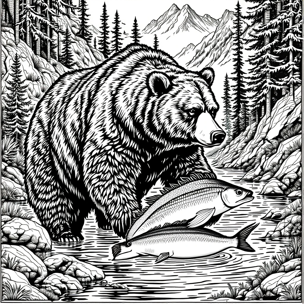 Black-and-white bear fishing in a mountain stream detailed coloring page kids' coloring page printable coloring page coloring sheets.