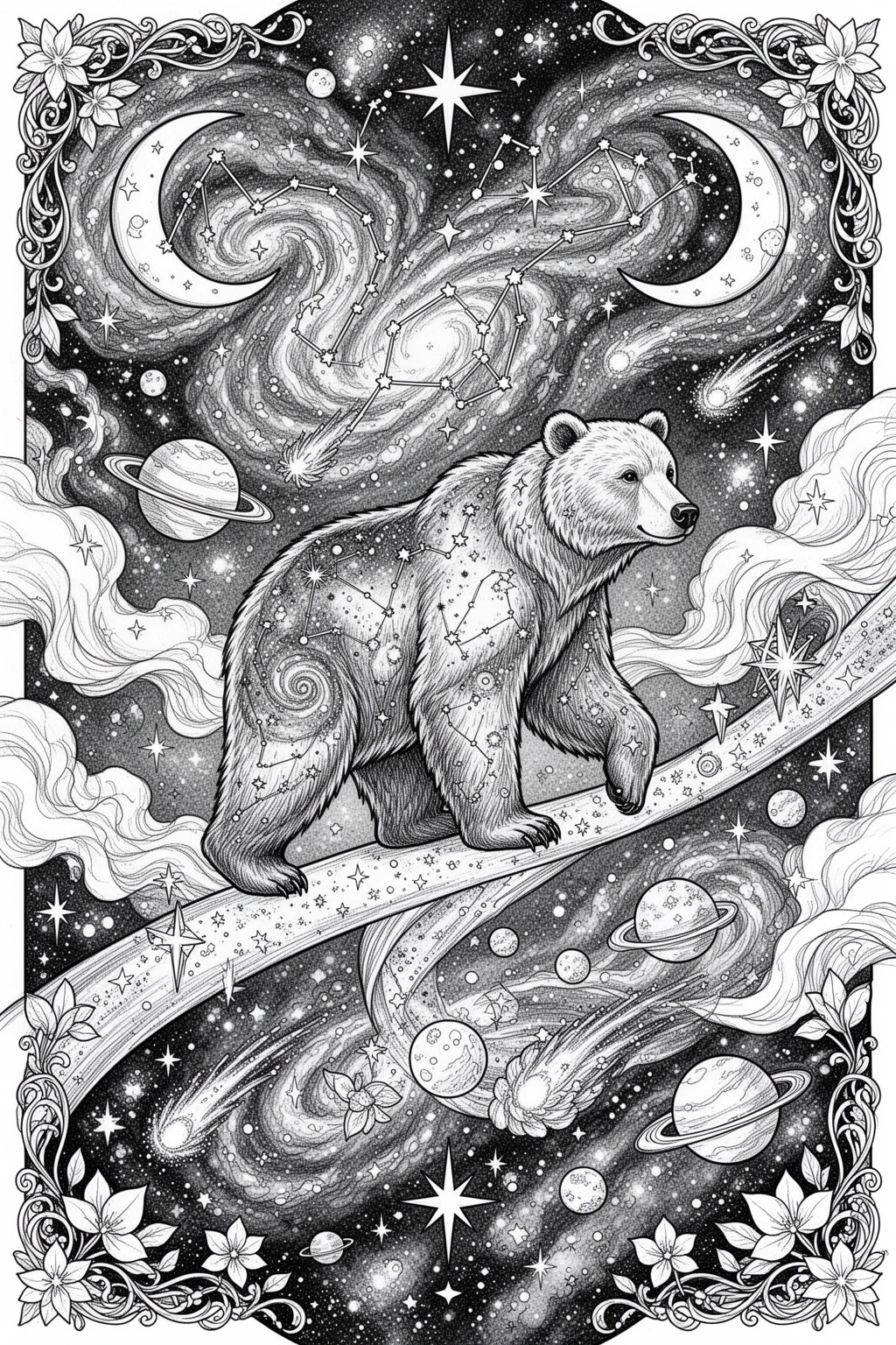 Moonlit Celestial Bear coloring page.