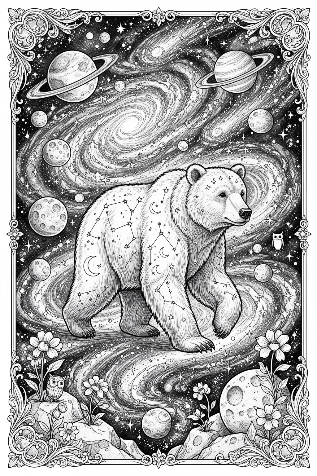 Celestial Bear coloring page Magical Galaxy Wanderer.