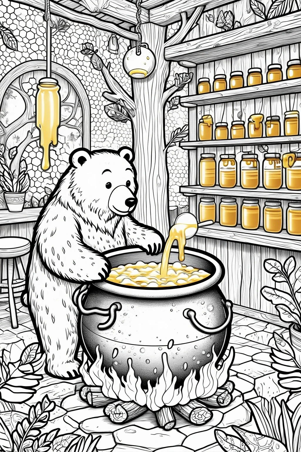 A cute bear stands in a rustic kitchen stirring and pouring honey into a large pot, surrounded by jars of honey, wooden shelves, and cozy cabin details. Detailed coloring page, kids' coloring page