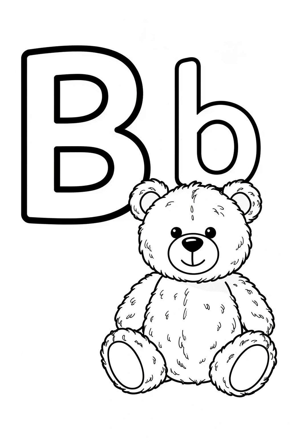 Black and white line art of the letter B next to a teddy bear, designed as a coloring page for kids.