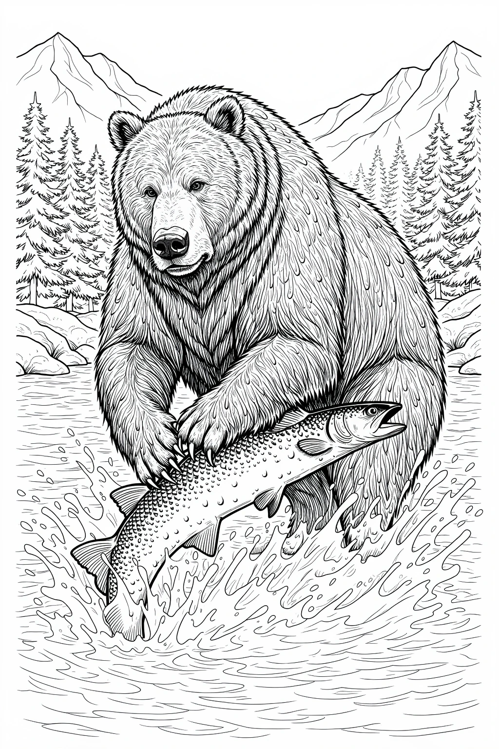 Black-and-white line art of a bear catching a salmon in a rushing stream with pine trees and mountains in the background detailed coloring page, kids' coloring page, printable coloring page and