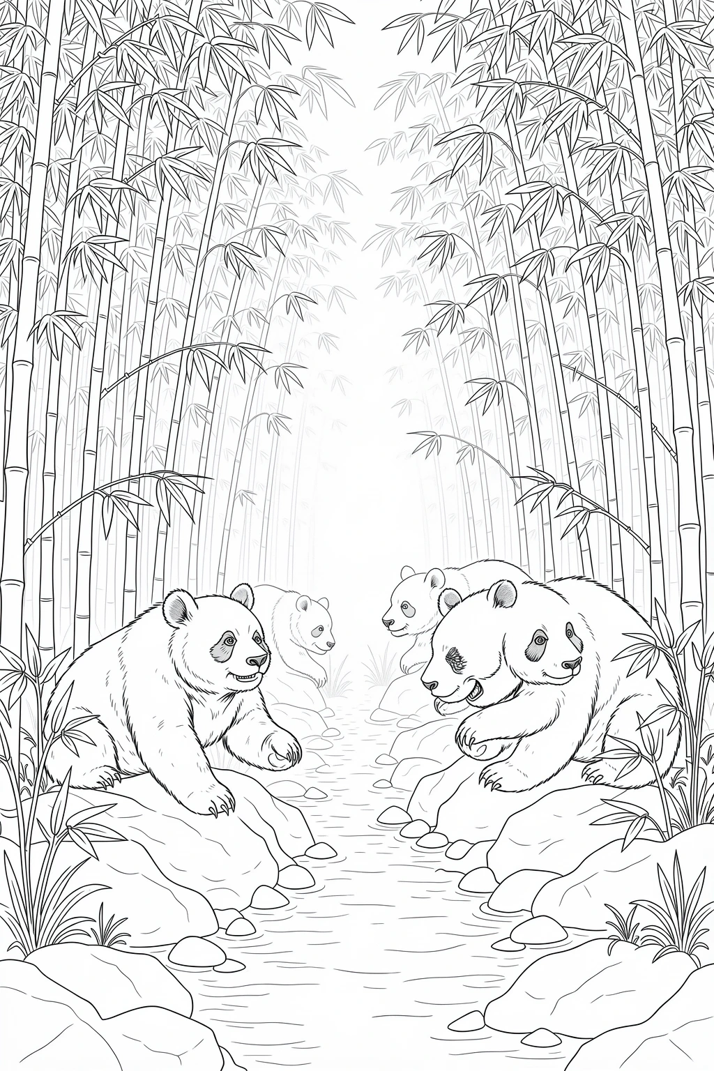 Black and white coloring page showing several pandas sitting among bamboo stalks beside a river in a forest.