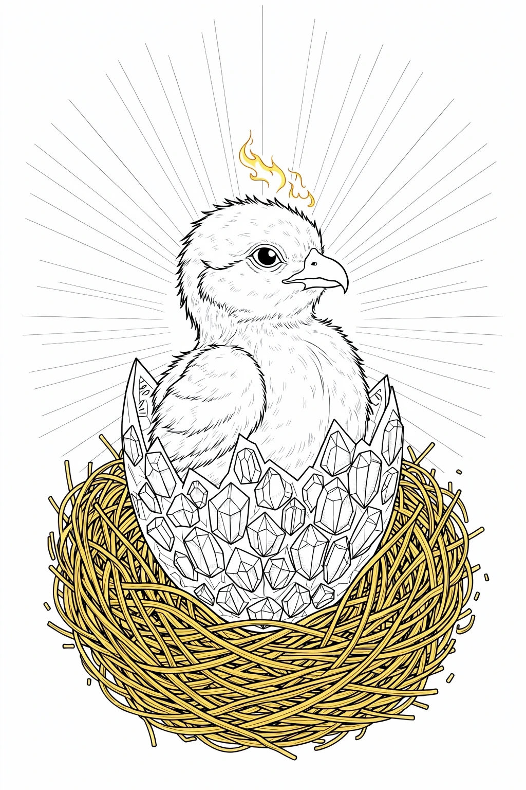 Black and white coloring page of baby eagle sitting in a nest made of crystals, with radiating lines in the background