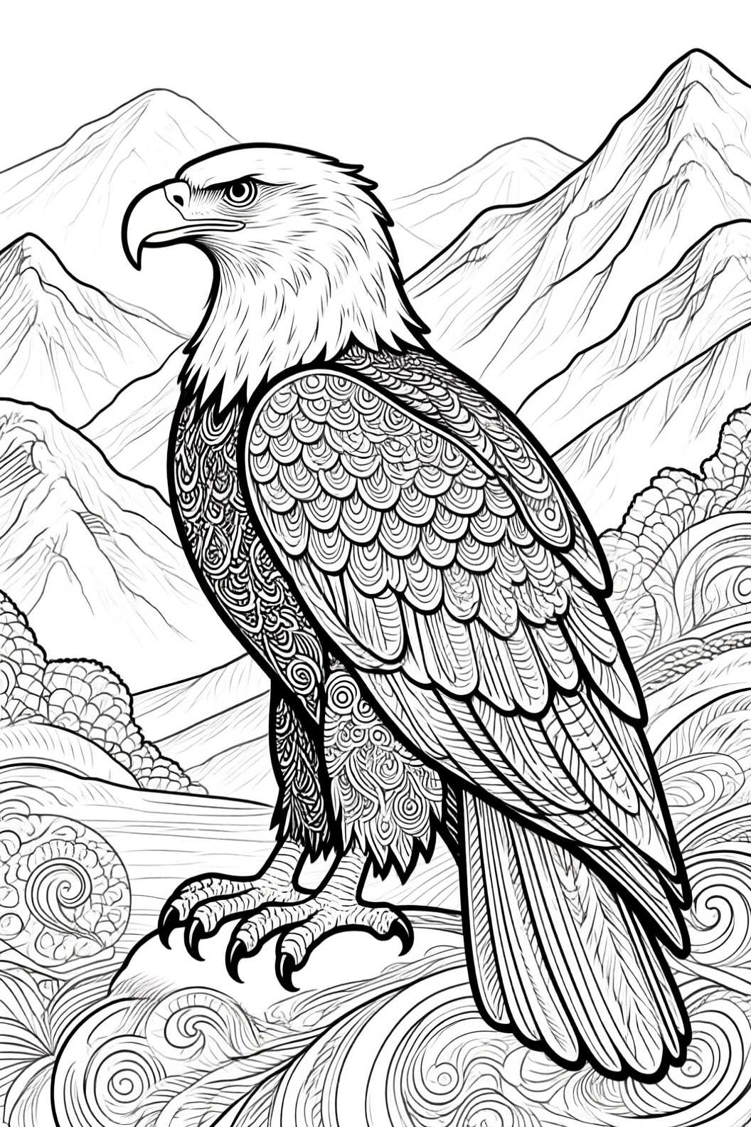 Intricate black-and-white eagle perched before mountains an animal-themed, mandala-inspired design for detailed coloring page; great for kids' coloring page, adult coloring sheets, and printable