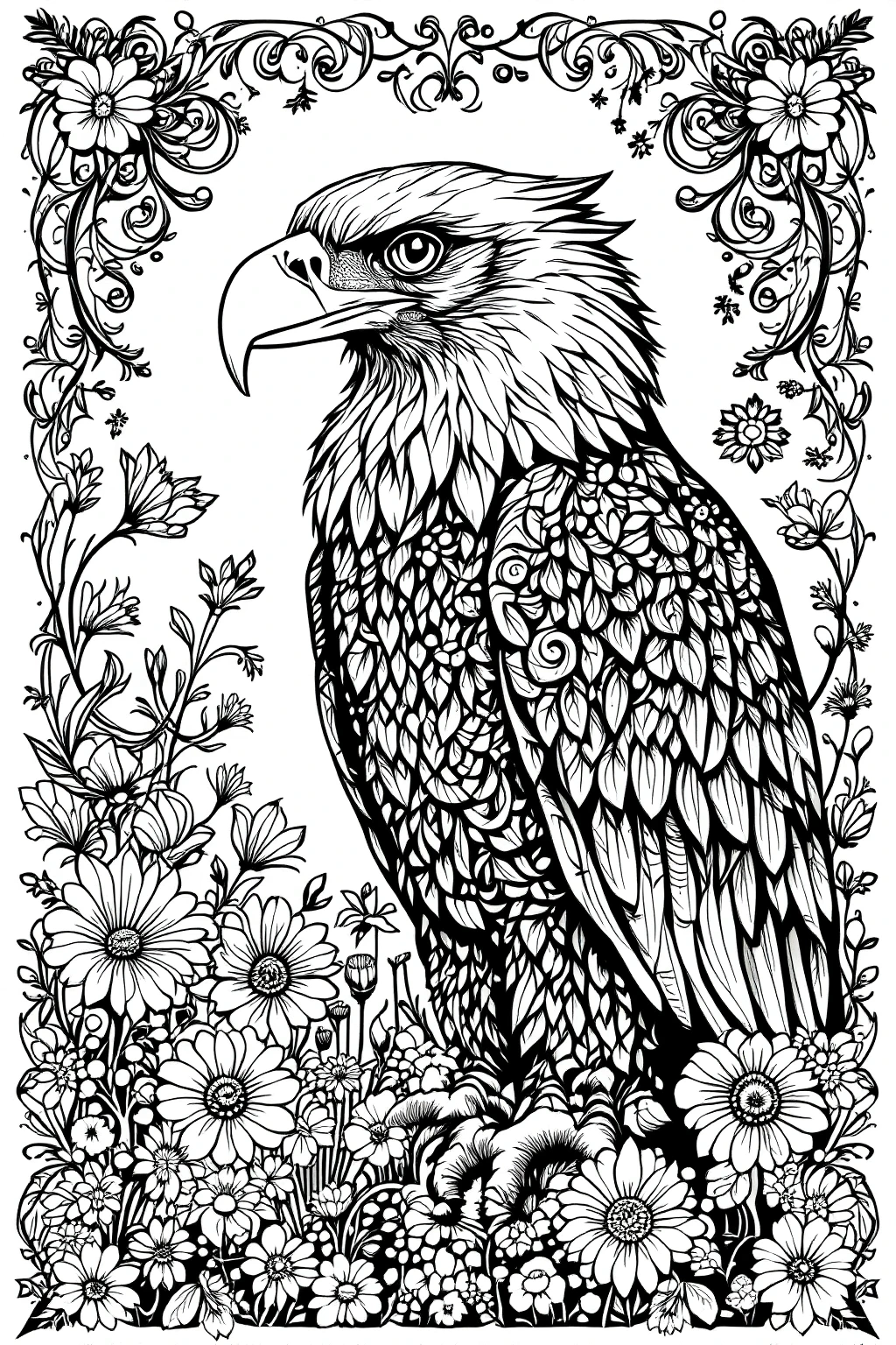 Black-and-white line art of a majestic eagle perched amid flowers with a decorative floral border an animal-themed illustration for detailed coloring page. Suitable for a printable coloring page and
