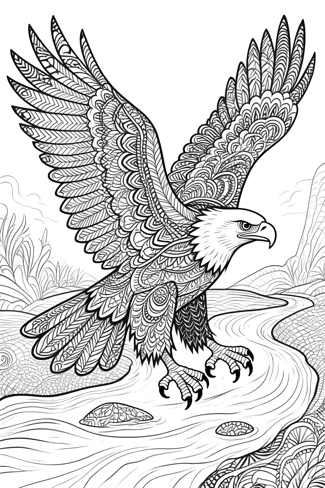 Black-and-white line art of a majestic eagle with intricate mandala-style feathers swooping over a river and rocks; ideal for detailed coloring page, kids' coloring page, printable coloring page