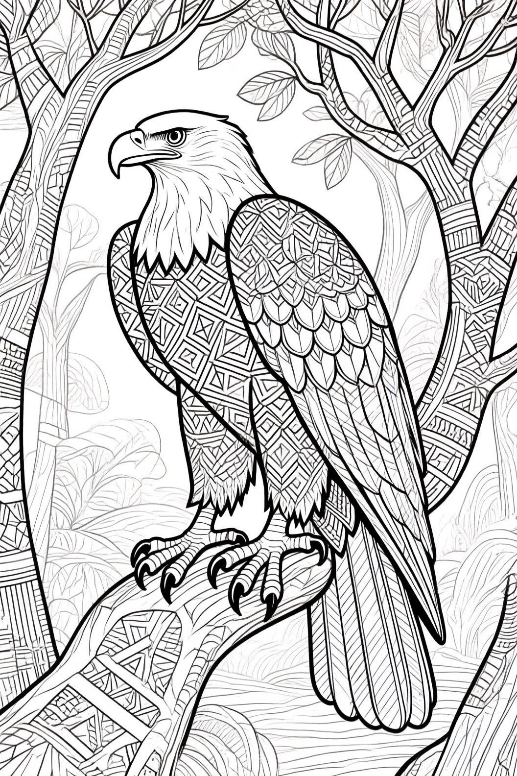 Black-and-white line art of a majestic eagle with geometric mandala-style patterns perched on a tree branch in a forest; suitable for detailed coloring page, kids' coloring page, a printable coloring