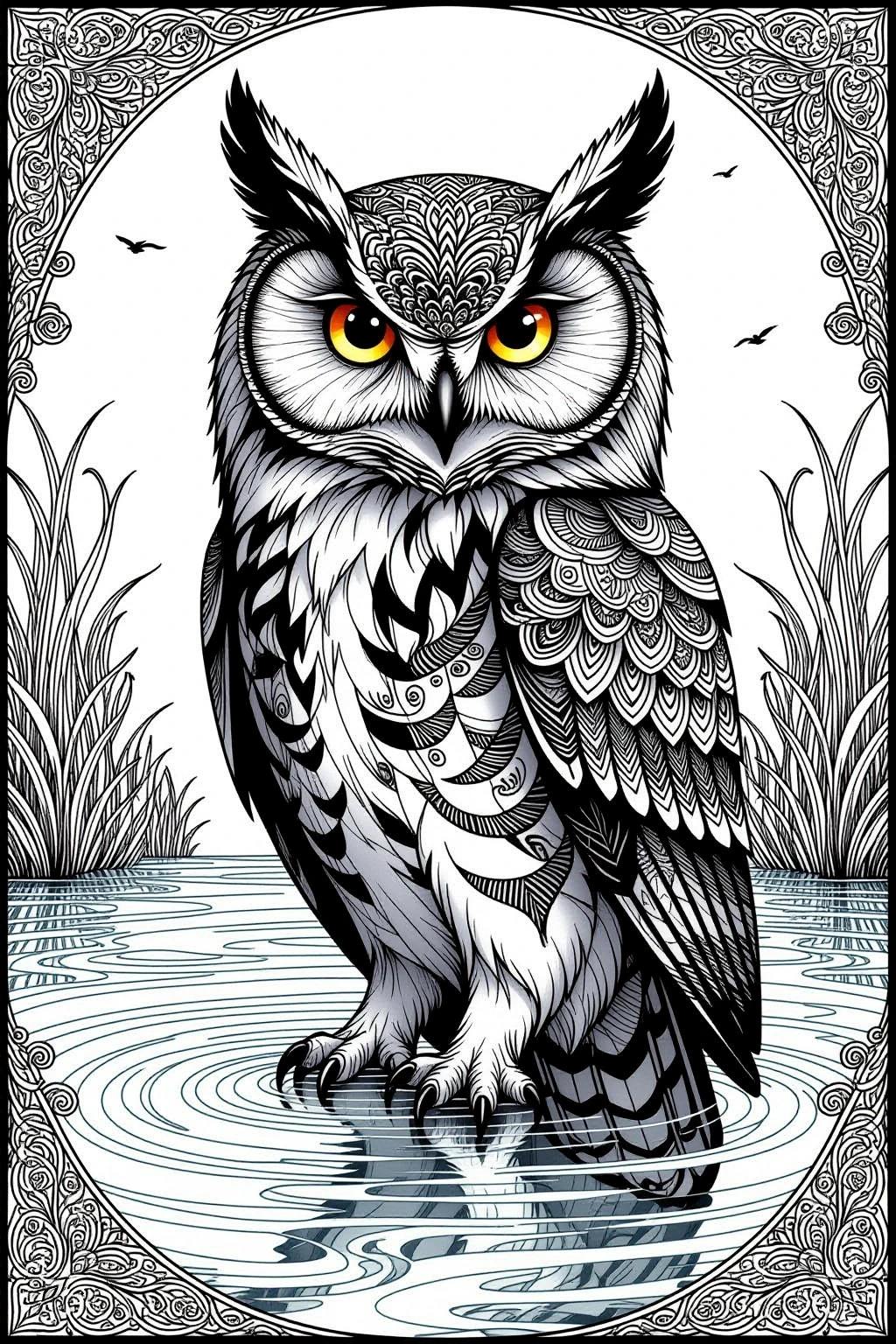 Intricate black-and-white animal owl with mandala-style feather patterns standing in shallow water, framed by decorative borders ideal for detailed coloring page, kids' coloring page, a printable