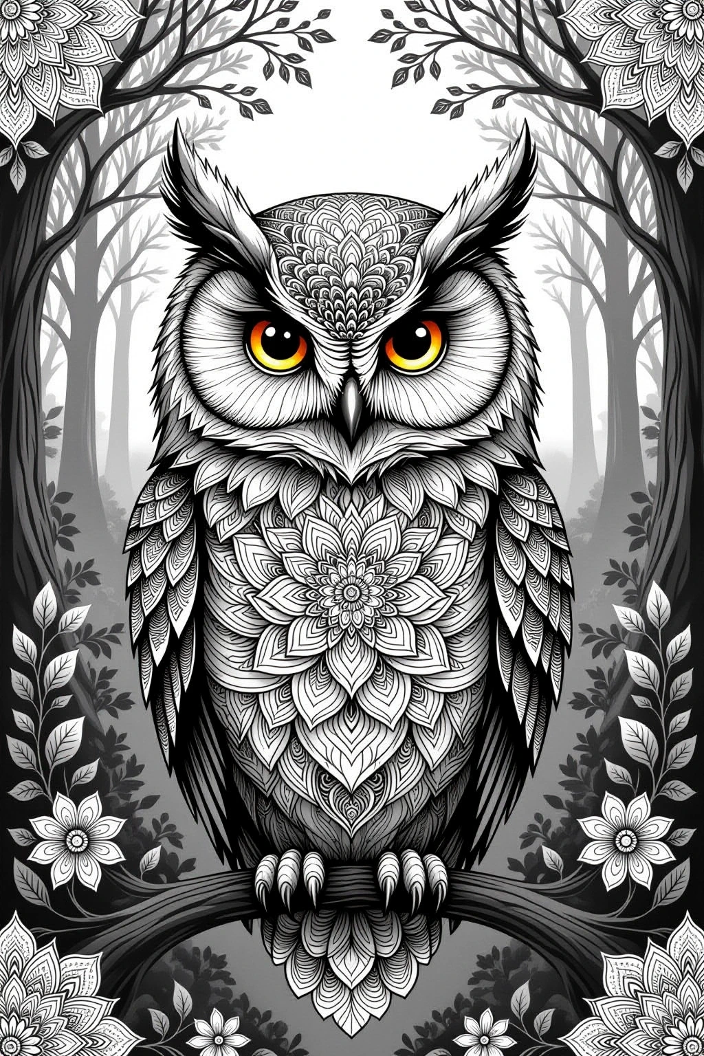 Black-and-white owl mandala perched on a branch in a misty forest; highly intricate line art ideal for detailed coloring page and kids' coloring page. Perfect for a printable coloring page and
